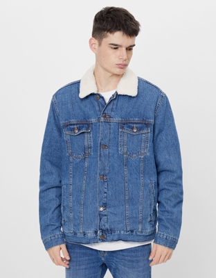 Bershka Cazadora Denim Borreguito Hombre Xl Azul