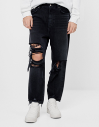 Bershka Jeans Loose Rotos Hombre 36 Negro en oferta