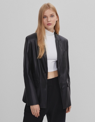 Bershka Blazer Efecto Piel Mujer S Negro