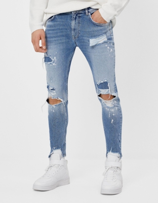 Bershka Jeans Skinny Rotos Hombre 38 Azul