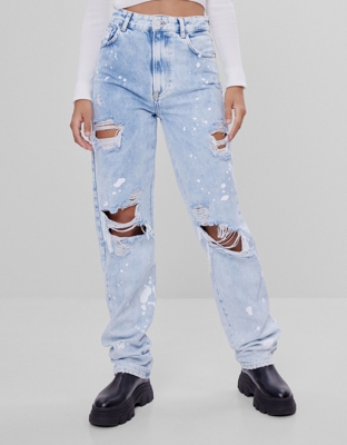 Bershka Jeans Straight Rotos Lavado Mujer 38 Azul Lavado