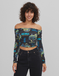 Bershka Camiseta Fruncido Mujer Xs Negro en oferta