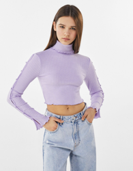 Bershka Camiseta Cuello Vuelto Botones Manga Mujer M Morado precio