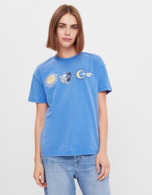 Bershka Camiseta Print Mujer S Azul