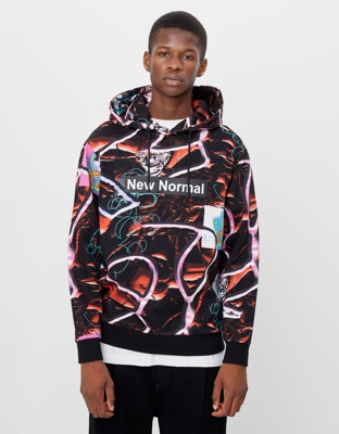 Bershka Sudadera Print Capucha Hombre M Negro