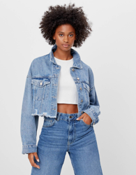 Bershka Cazadora Denim Cropped Mujer Xs Azul Lavado en oferta