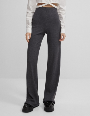 Bershka Pantalón Flare Rib Mujer M Gris