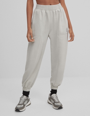 Bershka Pantalón Jogger Felpa Detalle Reflectante Mujer Xs Gris