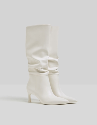 Bershka Botas Altas Tacón Medio Arrugadas Mujer 40 Blanco