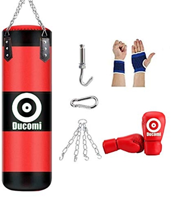 Ducomi Rocky Saco de Boxeo para Colgar en el Techo, Kit de Boxeo, Kick Boxing, Fitboxe Saco Vacío, Guantes, Banda de Mano, Muñeca, Kit de Montaje, Ent