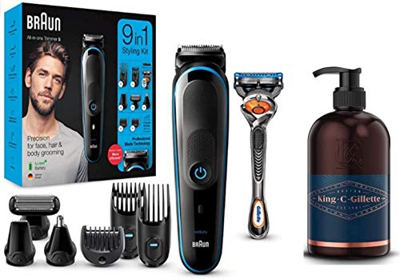 Braun MGK5280 9 en 1 - Máquina recortadora de barba, set de depilación corporal y cortapelos para hombre + King C. Gillette Gel para Barba y Rostro co