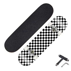 San Qing Skateboard para Principiantes Patines Completo 31"Negro Blanco Patrón a Cuadros 7 Capas Cubiertas de Arce Doble Patada Concave Skate Board pa precio