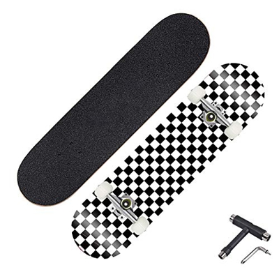 San Qing Skateboard para Principiantes Patines Completo 31"Negro Blanco Patrón a Cuadros 7 Capas Cubiertas de Arce Doble Patada Concave Skate Board pa