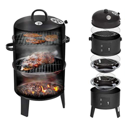 Wj 3-en-1 Parrilla de carbón al Aire Libre Redondo Barril de Barbacoa Fumador Estufa Ahumado a Parrilla Horno con termómetro, 3 Rejillas y 2 Puertas p en oferta