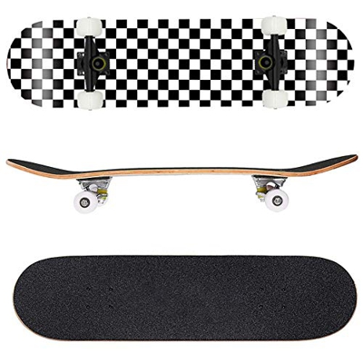 San Qing Trucos estándar Skateboard Complete 31"Blanco y Negro Patrón a Cuadros 7 Capas Cubiertas de Arce Doble Patada Concave Skate Board,No.2