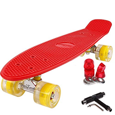 FunTomia Mini Board monopatín Skateboard 57cm - con o sin LED Ruedas - Wheel 59mmx45mm (82A) - Rodamiento ABEC-11 (Rojo/Amarillo - con LED + T-Tool)