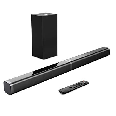 Barra de Sonido 2.1 para TV, BOMAKER 4K&HD 100W con Subwoofer, Potencia 110 dB, Bluetooth 5.0, 5 Modos de Sonido, Óptico, 3,5 mm AUX, USB, para Cine e