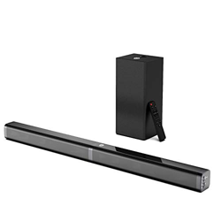 Barra de Sonido 2.1 para TV, BOMAKER 4K&HD 100W con Subwoofer, Potencia 110 dB, Bluetooth 5.0, 5 Modos de Sonido, Óptico, 3,5 mm AUX, USB, para Cine e características