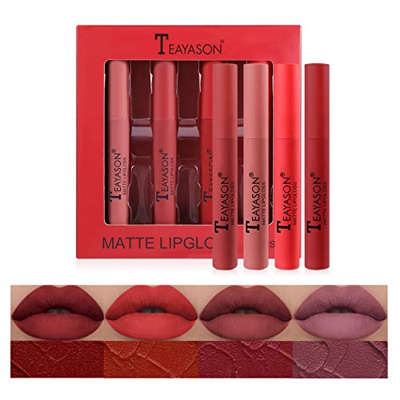 Mimore Mate Líquido Pintalabios Lápiz labial Conjunto 4 Traje Suave felpa mate impermeable Brillo de labios Duradero Copa antiadherente lápiz labial K