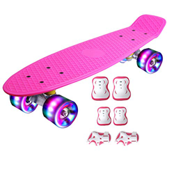 DnKelar Patineta con Equipo de protección, Tabla Retro Mini Cruiser para niños, niños, niñas, Adultos, Rodillos de luz LED 56x15cm Tabla Completa (Ros características