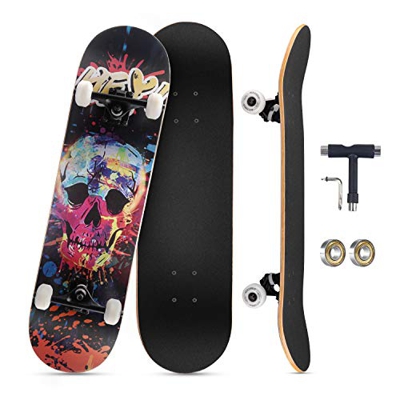 KOVEBBLE Longboard profesional estándar completo de 81 x 20 cm para niños, adolescentes y adultos, regalo de arce canadiense doble patada con herramie