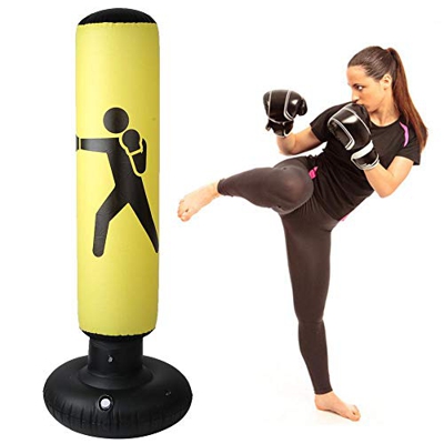 Liukouu Saco de Boxeo de pie Inflable, Saco de Arena de 25.6"con Columna, Vaso para niños y Adultos Fitness Sport Stress Relief Target Boxing(Amarillo