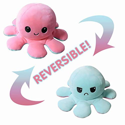 H HANSEL HOME Peluche de Pulpo Reversible de Doble Cara, Pulpito Sonriente o Enfadado 20 x 10 CM, Navidad ( Rosa + Azul Cielo)