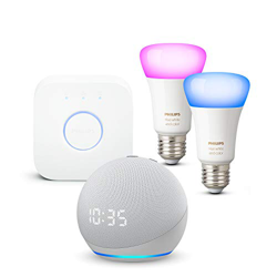 Nuevo Echo Dot (4.ª generación) con reloj, Blanco + Philips Hue Bombilla Inteligente Starter Kit (2x E27), compatible con Alexa características