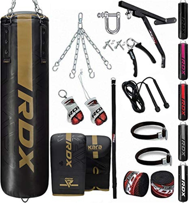 RDX 17PC Saco de Boxeo 4ft 5ft y Guantes para Entrenamiento,Relleno Kara Bolsa de Boxeo con Soporte Pared, Cadena para Muay Thai, MMA, Sparring, Kick 