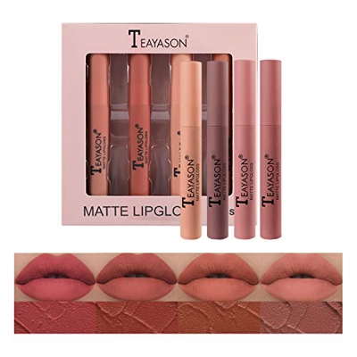 Mimore Mate Líquido Pintalabios Lápiz labial Conjunto 4 Traje Suave felpa mate impermeable Brillo de labios Duradero Copa antiadherente lápiz labial K