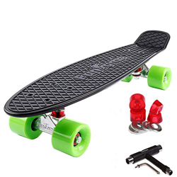 FunTomia Mini Board monopatín Skateboard 57cm - con o sin LED Ruedas - Wheel 59mmx45mm (82A) - Rodamiento ABEC-11 (Negro/Verde - sin LED + T-Tool) características