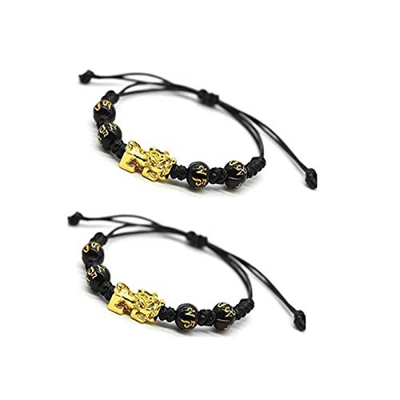 WINFCOY Pulsera de Feng Shui Pixiu, Cuerda Trenzada Hecha a Mano Ajustable de obsidiana Negra, Cuentas de Amuleto de Mantra Chino atraen Dinero de la 