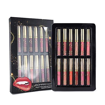 ARTIFUN Juego de Brillo de Labios Mate de 12 Colores,Lápiz Labial con Caja de Regalo,Máscara Antiadherente,Brillo de Labios Clásico Sedoso Suave de Te