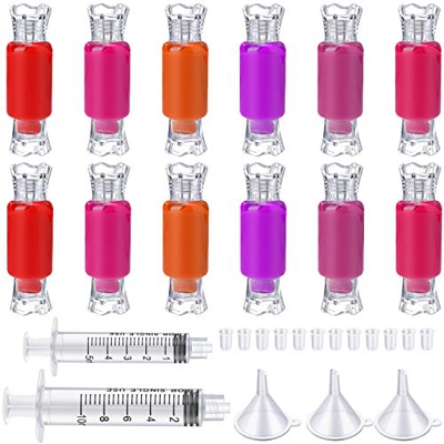 12 Pieces Empty Clear Lip Gloss Tubes Candy Shape Lip Balm Containers Reusable Sample Bottles, 3 Pieces Mini Funnels and 2 Pieces Plastic Syringe with