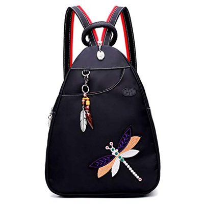 Jywmsc Mujeres único Estilo Etnico Bolsa de Pecho Elegante Bordado Libélula Mochila con Auricular Puerto y Colgante de Marfil