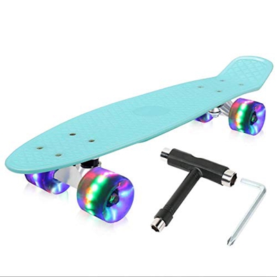 Monopatín completo Mini 55.88 cm x 15.24 cm Retro Skateboard para niños, adolescentes y adultos, ruedas con luz LED (azul claro)