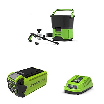 Greenworks GDC40 Limpiador a presión con batería, Li-Ion 40V Potencia Motor 650 vatios presión 70bar caudal 300L/h Tanque 20L Manguera de 6m con 2 bat