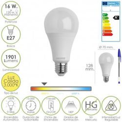 Bombilla Led Standar Rosca E27 (Gorda) 16 Watt. Equivale a 120 Watt. 1901 Lumenes. Luz cálida (3.000º K) A+ características