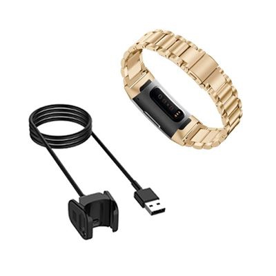 Kit Pulsera Acero Stainless Lux + Herramienta + Cargador Usb Charger Fitbit Charge 3 oro