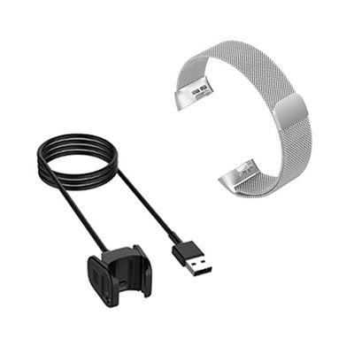 Kit Pulsera Milanese Loop Cierre Magnético + Cargador Usb Charger Fitbit Charge 3 Cinza