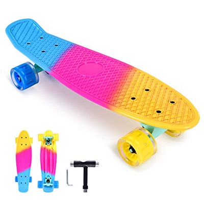 Bellanny Skateboard 22.3x6.3inch, Completo Skateboard para Principiantes con 4 Ruedas PU Brillantes, Tablero de Plástico Reforzado, Carga de 100 Kg, p