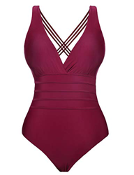 Aibrou Traje de Baño Cuello en V Profundo Sexys Bañador Una Pieza Halter con Espalda Vendaje bañadores Mujer reductores Monokini, (Vino Tinto, L) características