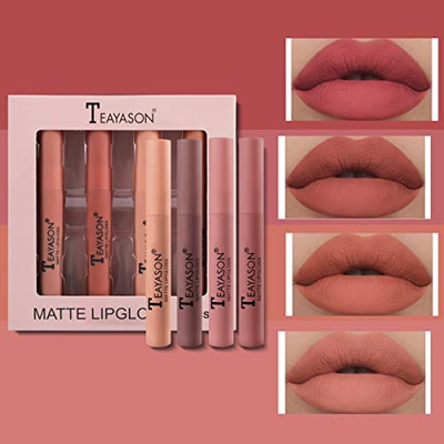 Mimore Mate Líquido Pintalabios Lápiz labial Conjunto 4 Traje Suave felpa mate impermeable Brillo de labios Duradero Copa antiadherente lápiz labial K