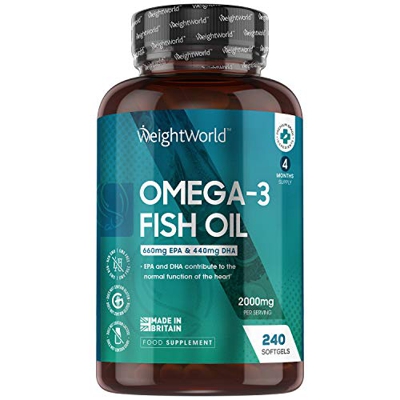 Omega 3 Cápsulas de Alta Dosis 2000mg, Aceite de Pescado Puro 240 Cápsulas - 660 mg de EPA + 440 mg DHA, Suministro de 4 Meses de Perlas Omega 3, Ácid