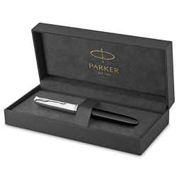 Parker 51 pluma estilográfica | cuerpo negro con adorno cromado | plumín fino con cartucho de tinta negra | estuche de regalo características