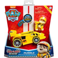 PAW Patrol, Vehículo de carreras Deluxe de Rubble Listos para el rescate con sonidos, a partir de 3 años, Vehículo de juguete características