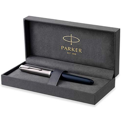 Parker 51 pluma estilográfica | cuerpo azul medianoche con adorno cromado | plumín fino con cartucho de tinta negra | estuche de regalo