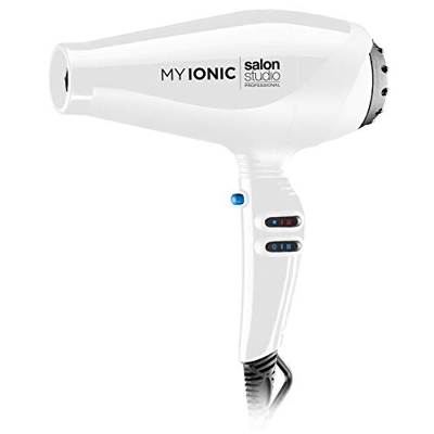 Salon Studio Professional - MyIonic Secador de Pelo Profesional de Iones - 2 Velocidades y 3 Niveles de Temperatura - Color Blanco - Made in Italy