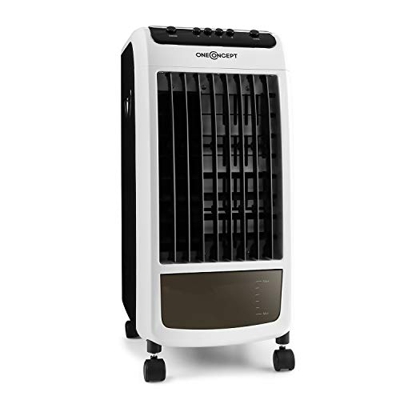 Oneconcept Caribbean Blue - Enfriador de aire portátil, Ventilador, Humidificador, 3 velocidades, Caudal de aire 400 m³/h, 70 W, Tanque 4 L, 2 recipie