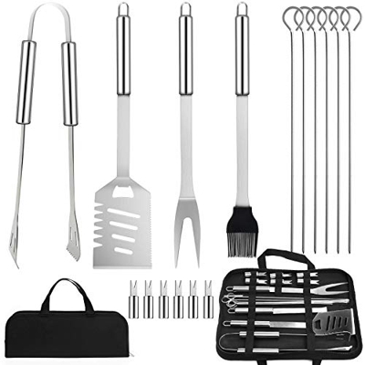 Utensilios para Barbacoa Accesorios Barbacoa 17PCS Kit Barbacoa Set Acero Inoxidable Acampan Barbacoa con Espátula Pinzas Tenedores Pinceles Brochetas